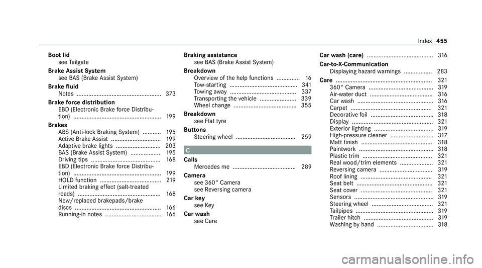 MERCEDES-BENZ E-CLASS ESTATE 2020 Owners Manual Boot lid
see Tailgate
Brake Assist Sy stem
see BAS (Brake Assi stSystem)
Brake fluid
No tes ................................................... 373
Brake forc e distribution
EBD (Elect ronic Brake for MERCEDES-BENZ E-CLASS ESTATE 2020 Owners Manual Boot lid
see Tailgate
Brake Assist Sy stem
see BAS (Brake Assi stSystem)
Brake fluid
No tes ................................................... 373
Brake forc e distribution
EBD (Elect ronic Brake for