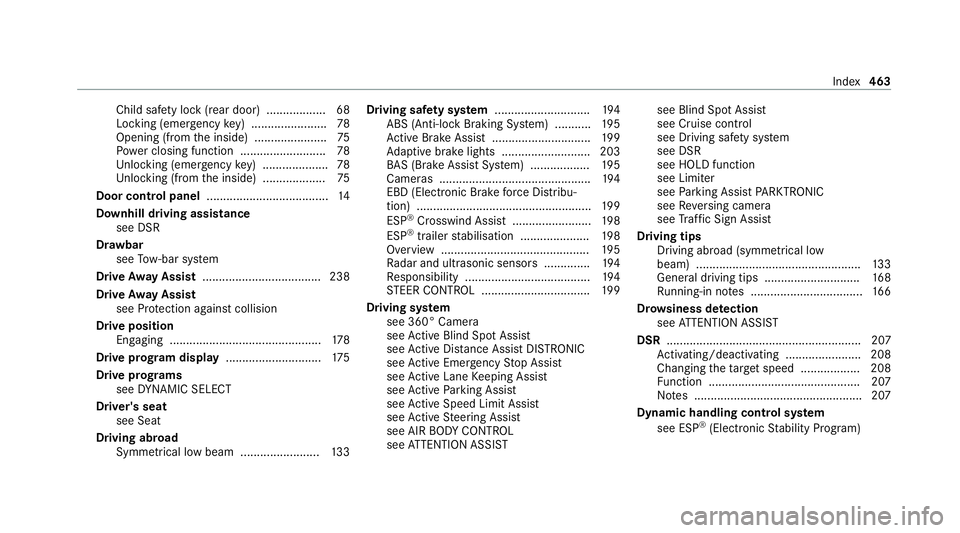 MERCEDES-BENZ E-CLASS ESTATE 2020 Owners Manual Child saf
ety lock (rear door) .................. 68
Locking (emer gency key) ...................... .78
Opening (from the inside) ......................75
Po we r closing function ................... MERCEDES-BENZ E-CLASS ESTATE 2020 Owners Manual Child saf
ety lock (rear door) .................. 68
Locking (emer gency key) ...................... .78
Opening (from the inside) ......................75
Po we r closing function ...................