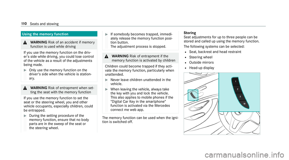 MERCEDES-BENZ E-CLASS ESTATE 2017 Owners Manual Using
them emor yfunction &
WARNING Risk of an accident if memo ry
function is use dwhile driving
If yo uu sethem emor yfunction on thed riv‐
er's side while driving, youc ould lose cont rol
of MERCEDES-BENZ E-CLASS ESTATE 2017 Owners Manual Using
them emor yfunction &
WARNING Risk of an accident if memo ry
function is use dwhile driving
If yo uu sethem emor yfunction on thed riv‐
er's side while driving, youc ould lose cont rol
of