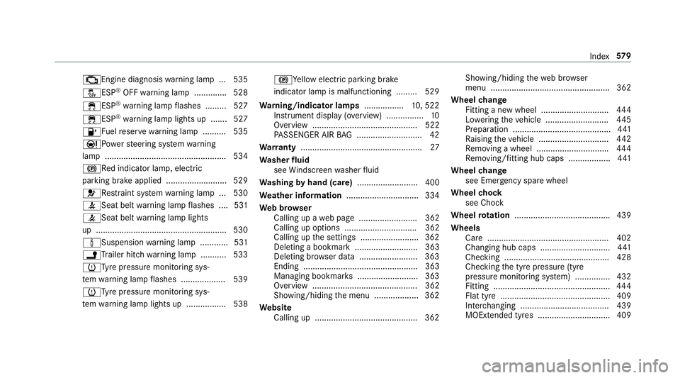 MERCEDES-BENZ E-CLASS ESTATE 2017 Owners Manual ;Engine diagnosi
swarning lam p... 535
åESP ®
OF Fw arning lam p............. .528
÷ESP ®
wa rning lam pflashes ........ .527
÷ ESP®
wa rning lam plight sup. ...... 527
8Fu elreser vewarning lam MERCEDES-BENZ E-CLASS ESTATE 2017 Owners Manual ;Engine diagnosi
swarning lam p... 535
åESP ®
OF Fw arning lam p............. .528
÷ESP ®
wa rning lam pflashes ........ .527
÷ ESP®
wa rning lam plight sup. ...... 527
8Fu elreser vewarning lam