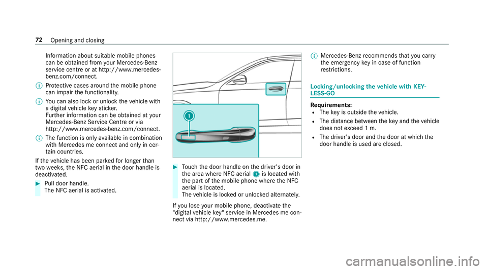 MERCEDES-BENZ E-CLASS ESTATE 2017 Manual PDF Information abouts
uitablemobilephones
can be obtained from your Mercedes-Benz
servic ecentr eorath ttp://www.mercedes-
benz.com/connect.
% Protectiv ecases around them obile phone
can impair thef unc MERCEDES-BENZ E-CLASS ESTATE 2017 Manual PDF Information abouts
uitablemobilephones
can be obtained from your Mercedes-Benz
servic ecentr eorath ttp://www.mercedes-
benz.com/connect.
% Protectiv ecases around them obile phone
can impair thef unc