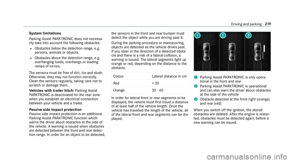 MERCEDES-BENZ E-CLASS ESTATE 2016 Owners Manual Sy
stem limitations
Pa rking Assist PARKTRONIC does not necessa‐
ri ly take into account thefo llowing obs tacles:
R Obs tacles bel ow the detection range, e.g.
pe rsons, animals or objects.
R Obs t MERCEDES-BENZ E-CLASS ESTATE 2016 Owners Manual Sy
stem limitations
Pa rking Assist PARKTRONIC does not necessa‐
ri ly take into account thefo llowing obs tacles:
R Obs tacles bel ow the detection range, e.g.
pe rsons, animals or objects.
R Obs t