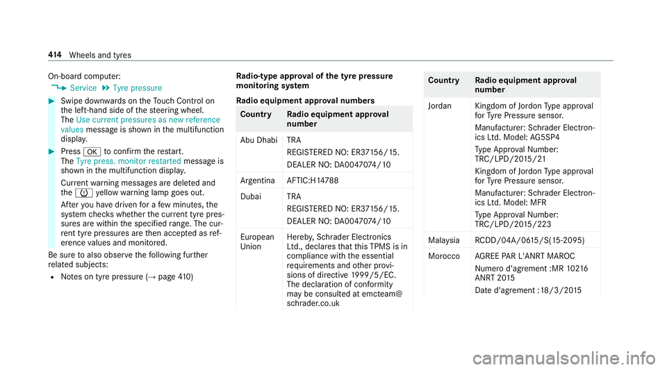 MERCEDES-BENZ E-CLASS ESTATE 2016  Owners Manual On-board computer:
, Service .
Tyre pressure #
Swipe down wards on theTo uch Control on
th e left-hand side of thesteering wheel.
The Use current pressures as new reference
values message is shown in  MERCEDES-BENZ E-CLASS ESTATE 2016  Owners Manual On-board computer:
, Service .
Tyre pressure #
Swipe down wards on theTo uch Control on
th e left-hand side of thesteering wheel.
The Use current pressures as new reference
values message is shown in