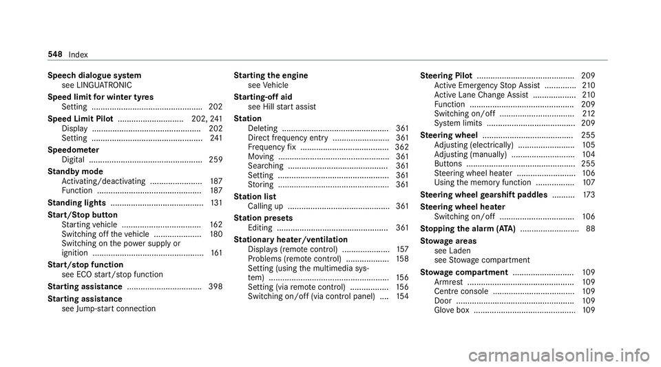 MERCEDES-BENZ E-CLASS ESTATE 2016 Owners Manual Speech dialogue sy
stem
see LINGU ATRO NIC
Speed limit for winter tyres
Setting ................................................ .202
Speed Limit Pil ot............................. 202, 241
Displ ay. MERCEDES-BENZ E-CLASS ESTATE 2016 Owners Manual Speech dialogue sy
stem
see LINGU ATRO NIC
Speed limit for winter tyres
Setting ................................................ .202
Speed Limit Pil ot............................. 202, 241
Displ ay.