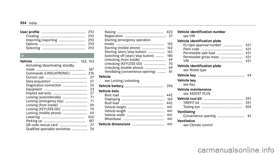 MERCEDES-BENZ E-CLASS ESTATE 2016 Owners Manual User profile
.............................................. 292
Creating .............................................. 292
Importing/exporting ...........................2 93
Options ................ MERCEDES-BENZ E-CLASS ESTATE 2016 Owners Manual User profile
.............................................. 292
Creating .............................................. 292
Importing/exporting ...........................2 93
Options ................