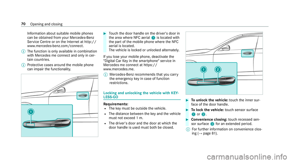 MERCEDES-BENZ E-CLASS ESTATE 2016 Manual PDF Information about suitable mobile phones
can be obtained from your Mercedes-Benz
Service Centre or on the Internet at http://
www.mercedes-benz.com/connect.
% The function is only available in combina MERCEDES-BENZ E-CLASS ESTATE 2016 Manual PDF Information about suitable mobile phones
can be obtained from your Mercedes-Benz
Service Centre or on the Internet at http://
www.mercedes-benz.com/connect.
% The function is only available in combina