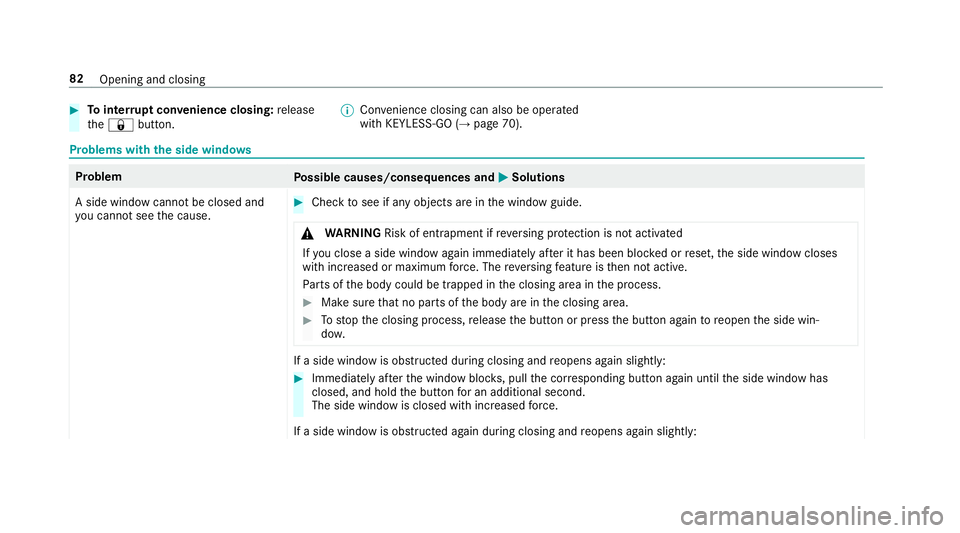 MERCEDES-BENZ E-CLASS ESTATE 2016 Manual Online #
Tointer rupt convenience closing: release
th e& button. %
Con venience closing can also be operated
wi th KEYLESS-GO (→ page 70).Problems with
the side windo ws Problem
Possible causes/consequence MERCEDES-BENZ E-CLASS ESTATE 2016 Manual Online #
Tointer rupt convenience closing: release
th e& button. %
Con venience closing can also be operated
wi th KEYLESS-GO (→ page 70).Problems with
the side windo ws Problem
Possible causes/consequence