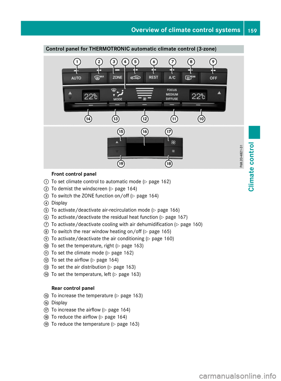 MERCEDES-BENZ E-CLASS ESTATE 2015 Owners Manual Control panel for THERMOTRONIC automatic climat
econtrol (3-zone) Fron
tcontrol panel
: To set climate control to automatic mod e(Ypage 162)
; To demist th ewindscree n(Ypage 164)
= To switch th eZONE MERCEDES-BENZ E-CLASS ESTATE 2015 Owners Manual Control panel for THERMOTRONIC automatic climat
econtrol (3-zone) Fron
tcontrol panel
: To set climate control to automatic mod e(Ypage 162)
; To demist th ewindscree n(Ypage 164)
= To switch th eZONE
