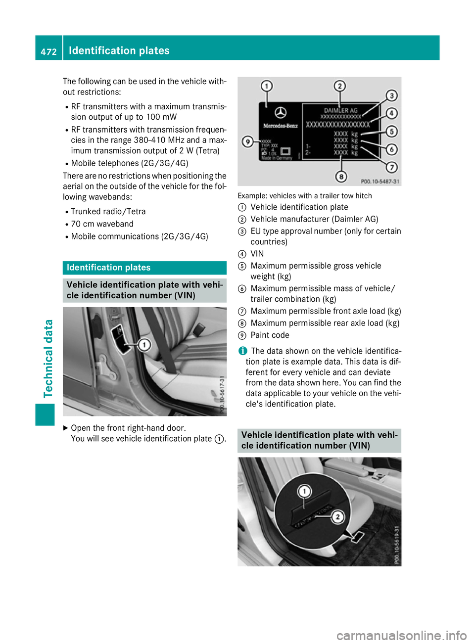 MERCEDES-BENZ E-CLASS ESTATE 2015 Owners Manual The following can be used in the vehicle with-
out restrictions:
R RF transmitters with amaximum transmis-
sion output of up to 100 mW
R RF transmitters with transmission frequen-
cies in the range 38 MERCEDES-BENZ E-CLASS ESTATE 2015 Owners Manual The following can be used in the vehicle with-
out restrictions:
R RF transmitters with amaximum transmis-
sion output of up to 100 mW
R RF transmitters with transmission frequen-
cies in the range 38