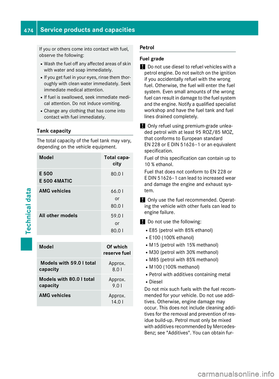 MERCEDES-BENZ E-CLASS ESTATE 2015 Owners Manual If you or others come into contact with fuel,
observe the following:
R Wash the fuel off any affected areasofs kin
with water and soap immediately.
R If you get fuel in youre yes,rinse them thor-
ough MERCEDES-BENZ E-CLASS ESTATE 2015 Owners Manual If you or others come into contact with fuel,
observe the following:
R Wash the fuel off any affected areasofs kin
with water and soap immediately.
R If you get fuel in youre yes,rinse them thor-
ough