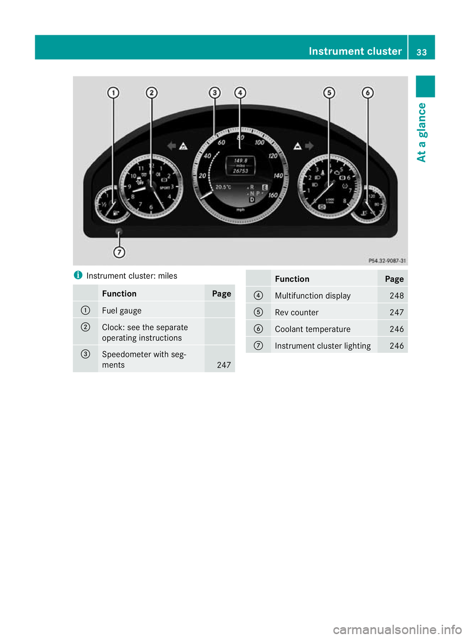 MERCEDES-BENZ E-CLASS ESTATE 2012 Owners Guide i
Instrument cluster: miles Function Page
:
Fuel gauge
;
Clock: see the separate
operating instructions
=
Speedometer with seg-
ments
247 Function Page
?
Multifunction display 248
A
Rev counter 247
B
