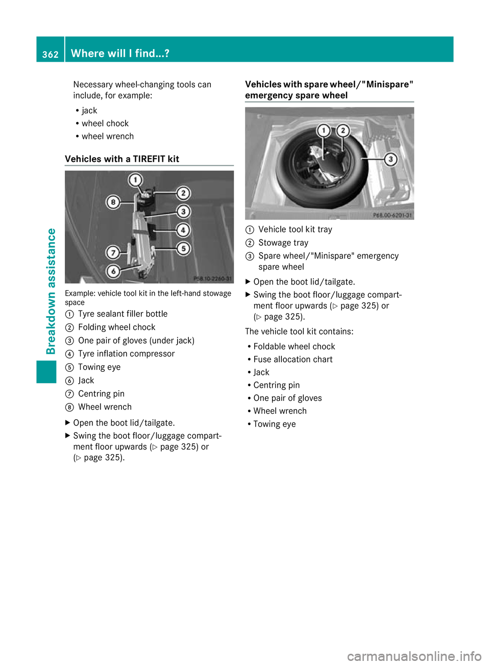 MERCEDES-BENZ E-CLASS ESTATE 2012 Owners Manual Necessary wheel-changing tools can
include, for example:
R
jack
R wheel chock
R wheel wrench
Vehicles with aTIREFIT kit Example: vehicle tool kit in the left-hand stowage
space
:
Tyre sealan tfiller b MERCEDES-BENZ E-CLASS ESTATE 2012 Owners Manual Necessary wheel-changing tools can
include, for example:
R
jack
R wheel chock
R wheel wrench
Vehicles with aTIREFIT kit Example: vehicle tool kit in the left-hand stowage
space
:
Tyre sealan tfiller b