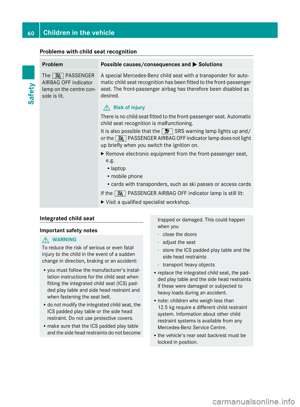 MERCEDES-BENZ E-CLASS ESTATE 2011 Repair Manual Problems with child seat recognition
Problem Possible causes/consequences and
M Solutions
The
4 PASSENGER
AIRBAG OFF indicator
lamp on the centre con-
sole is lit. As
pecial Mercedes-Benz child seat w MERCEDES-BENZ E-CLASS ESTATE 2011 Repair Manual Problems with child seat recognition
Problem Possible causes/consequences and
M Solutions
The
4 PASSENGER
AIRBAG OFF indicator
lamp on the centre con-
sole is lit. As
pecial Mercedes-Benz child seat w