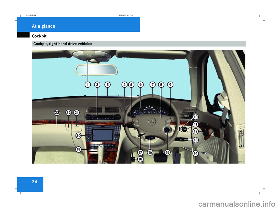 MERCEDES-BENZ E-CLASS ESTATE 2008 Owners Manual Cockpit
24 Cockpit, right-hand-drive vehiclesAt a glance
211_AKB; 2; 5, en-GB
mkalafa,
Version: 2.9.4 2008-02-29T16:57:07+01:00 - Seite 24Dateiname: 6515_3416_02_buchblock.pdf; preflight 