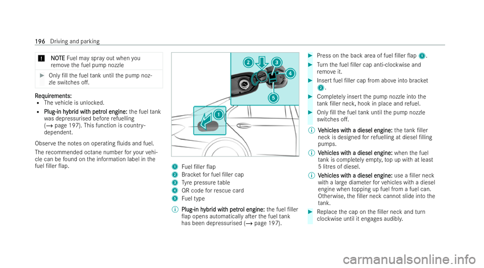 MERCEDES-BENZ E-CLASS SALOON 2022  Owners Manual *
N
NO
OTE
TE Fuel may spr ayout when you
re mo vethe fuel pump nozzle #
Only /ll the fuel tank until the pump noz-
zle switches o.. R
R
eq
eq uir
uir ements:
ements:
R The vehicle is unloc ked.
R P
