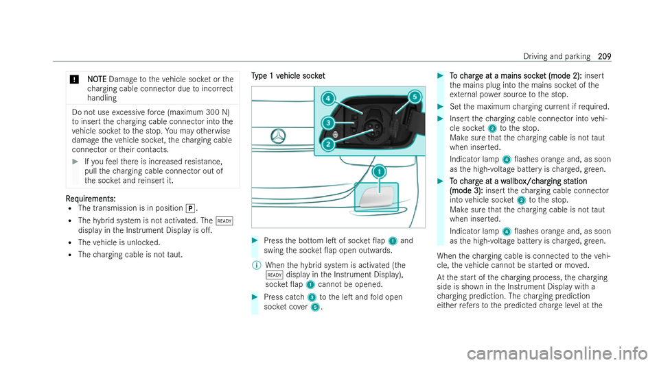 MERCEDES-BENZ E-CLASS SALOON 2022  Owners Manual *
N
N O
OTE
TE Damage totheve hicle soc ket or the
ch arging cable connector due toincor rect
handling Do not use
excessive forc e (maximum 300 N)
to insert thech arging cable connector into the
ve hi