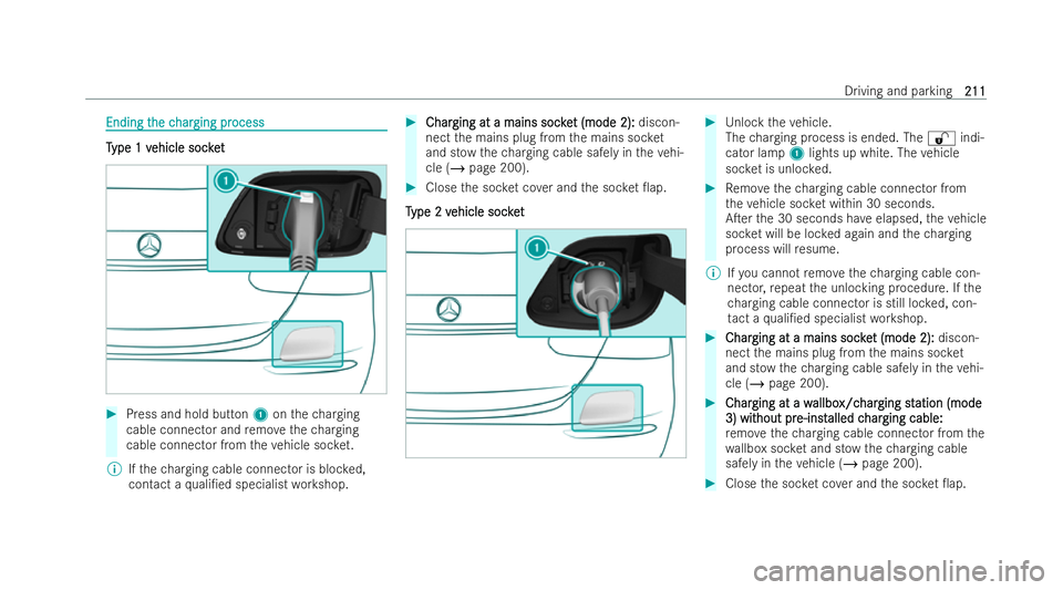 MERCEDES-BENZ E-CLASS SALOON 2022  Owners Manual Ending t
Ending t
he c
he char
harging pr
ging pr ocess
ocess T T
ype 1 v ype 1 v ehicle soc ket
ehicle soc ket #
Press and hold button 1onthech arging
cable connector and remo vethech arging
cable co