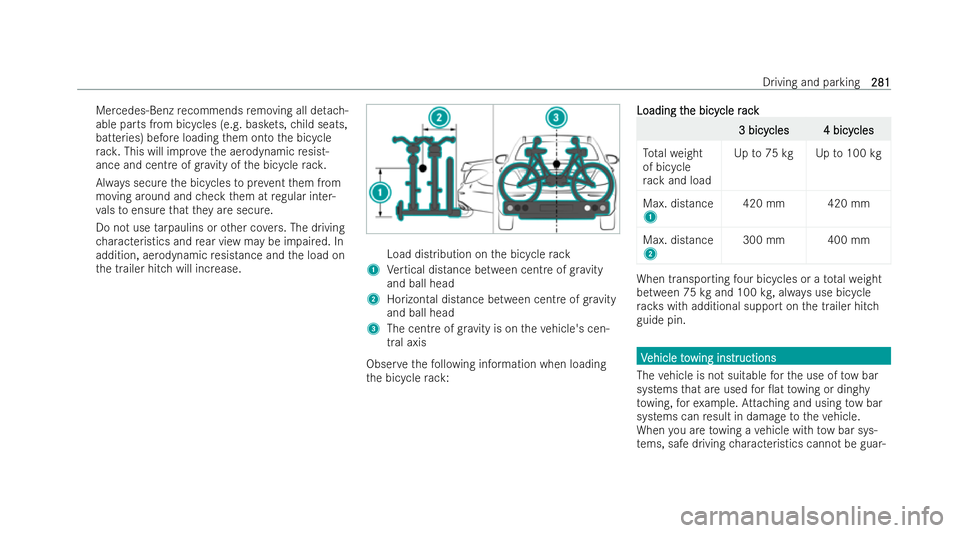MERCEDES-BENZ E-CLASS SALOON 2022  Owners Manual Mercedes-Benz
recommends removing all de tach-
able parts from bicycles (e.g. bask ets, ch ild seats,
batteries) before loading them onto the bicycle
ra ck . This will impr ovethe aerodynamic resist-

