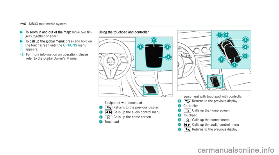MERCEDES-BENZ E-CLASS SALOON 2022  Owners Manual #
T
To zoom in and out of t
o zoom in and out of t he map:
he map:movetwo /n-
ge rs toget her or apart. #
T
To call up t
o call up t he global menu:
he global menu: press and hold on
th eto uchscreen