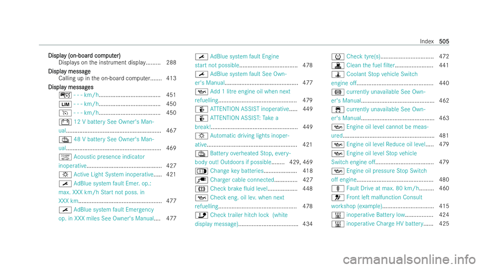 MERCEDES-BENZ E-CLASS SALOON 2022  Owners Manual Displa
Displa
y (on-boar
y (on-boar d com
d comput
puter)
er)
Displa yson the inst rument displa y......... 288
Displa
Displa y message
y message
Calling up in the on-board computer.......4 13
Displa
