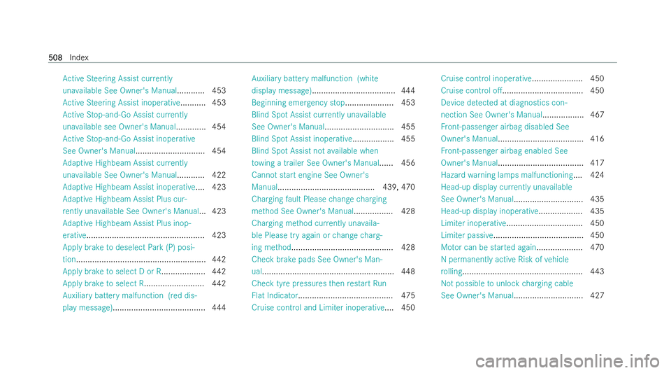 MERCEDES-BENZ E-CLASS SALOON 2022  Owners Manual Ac
tive Steering Assist cur rently
una vailable See Owner's Manual ............ 453
Ac tive Steering Assist inoperative...........4 53
Ac tive Stop-and-Go Assist cur rently
una vailable see Owner&