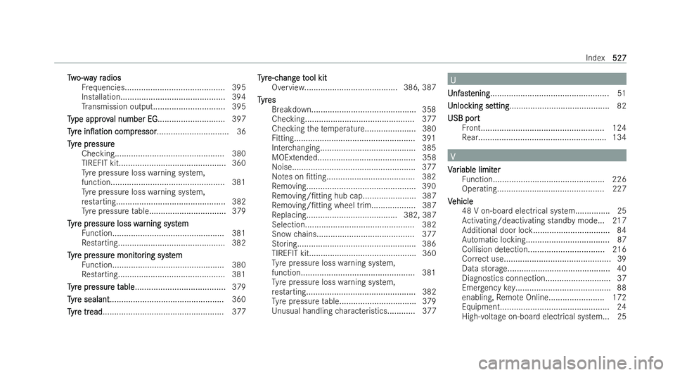 MERCEDES-BENZ E-CLASS SALOON 2022  Owners Manual T
T
w
w o-wa
o-wa y r
y radios
adios
Fr equencies........................................... 395
Installation............................................. 394
Tr ansmission output.....................
