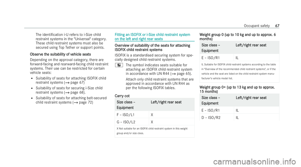 MERCEDES-BENZ E-CLASS SALOON 2022 Repair Manual The identi/ca
tion i‑Urefers to i‑Size child
re straint systems in the "Universal" categor y.
These child restraint systems must also be
secu red using TopTe ther or support points.
Obser