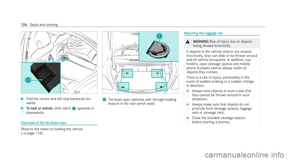 MERCEDES-BENZ E-CLASS SALOON 2021  Owners Manual #
Foldthe centre and leT seat backrests for-
wa rds. #
T To loc o loc k or unloc
k or unloc k:
k: slide catch 1upwards or
down wards. Ov
Ov
er
ervie
vie w of t
w of t he tie-do
he tie-do wney
wn eyes