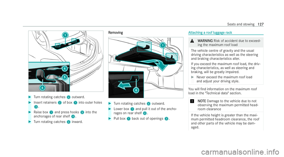 MERCEDES-BENZ E-CLASS SALOON 2021  Owners Manual #
Turn rotating catches 6outward. #
Inse rtreta iners 2of box 1into outer holes
3. #
Raise box 1and press hooks 5into the
anchorages of rear shelf 4. #
Turn rotating catches 6inwa rd. R
R emo
emo ving