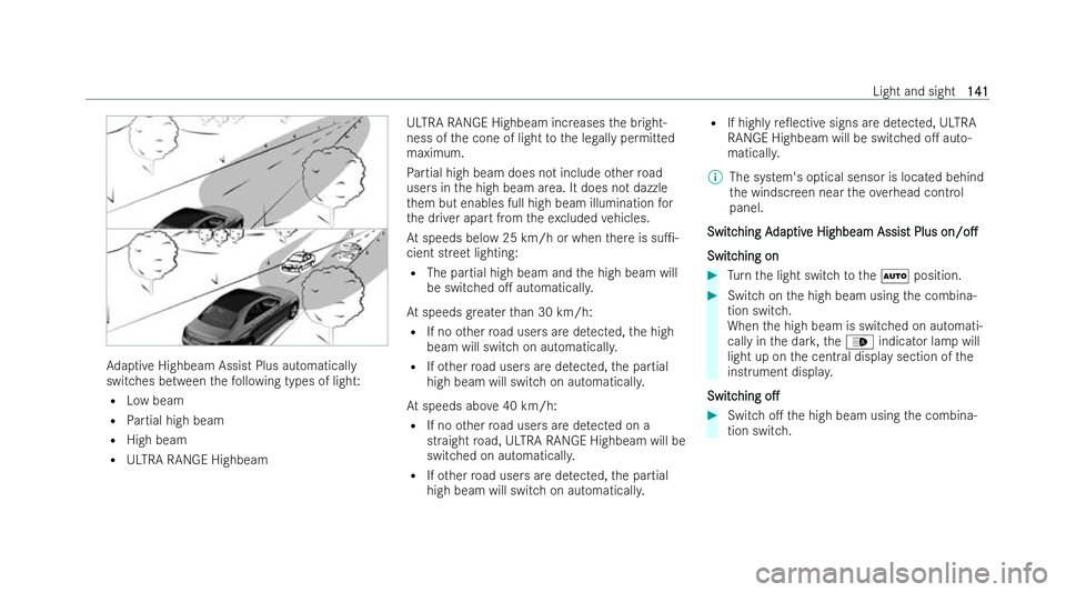 MERCEDES-BENZ E-CLASS SALOON 2021  Owners Manual Ad
aptive Highbeam Assist Plus automatically
switches between thefo llowing types of light:
R Low beam
R Partial high beam
R High beam
R ULTRA RANGE Highbeam ULTRA RANGE Highbeam increases
the bright-