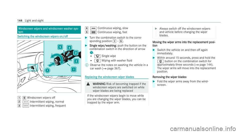MERCEDES-BENZ E-CLASS SALOON 2021  Owners Manual W
W
indscr
indscr een wiper
een wiper s and windscr
s and windscr een w
een washer sy
asher sy s-
s-
t
t em
em Switc
Switc
hing t
hing t he windscr
he windscr een wiper
een wipers
s on/o.
on/o. 0047