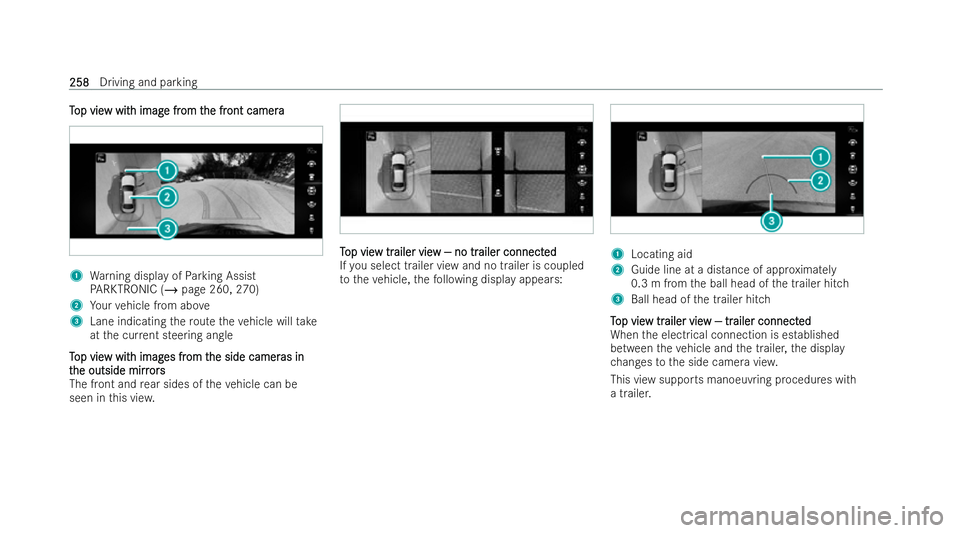 MERCEDES-BENZ E-CLASS SALOON 2021  Owners Manual T
T
op vie
op vie w wit
w with imag
h imag e fr
e from t
om t he fr
he fr ont camera
ont camera 1
Warning display of Parking Assist
PA RKTRONIC (/ page 260, 270)
2 Your vehicle from abo ve
3 Lane indi