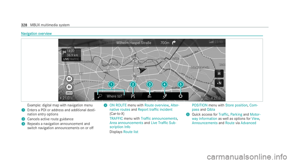 MERCEDES-BENZ E-CLASS SALOON 2021  Owners Manual N
N
a
avig
vig ation ov
ation overerview
view Example: digital map with navigation menu
1 Enters a POI or address and additional desti-
nation entry options
2 Cancels active route guidance
3 Repeats a