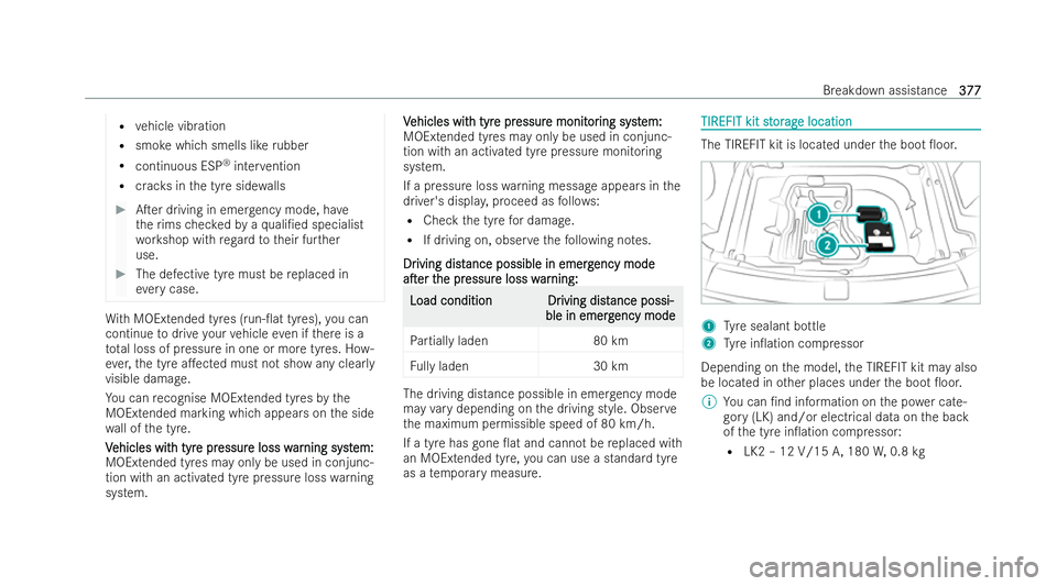 MERCEDES-BENZ E-CLASS SALOON 2021  Owners Manual R
vehicle vib ration
R smo kewhich smells like rubber
R continuous ESP ®
inter vention
R crac ksinthe tyre side walls #
ATer driving in emer gency mode, ha ve
th erims checkedby a quali/ed speciali