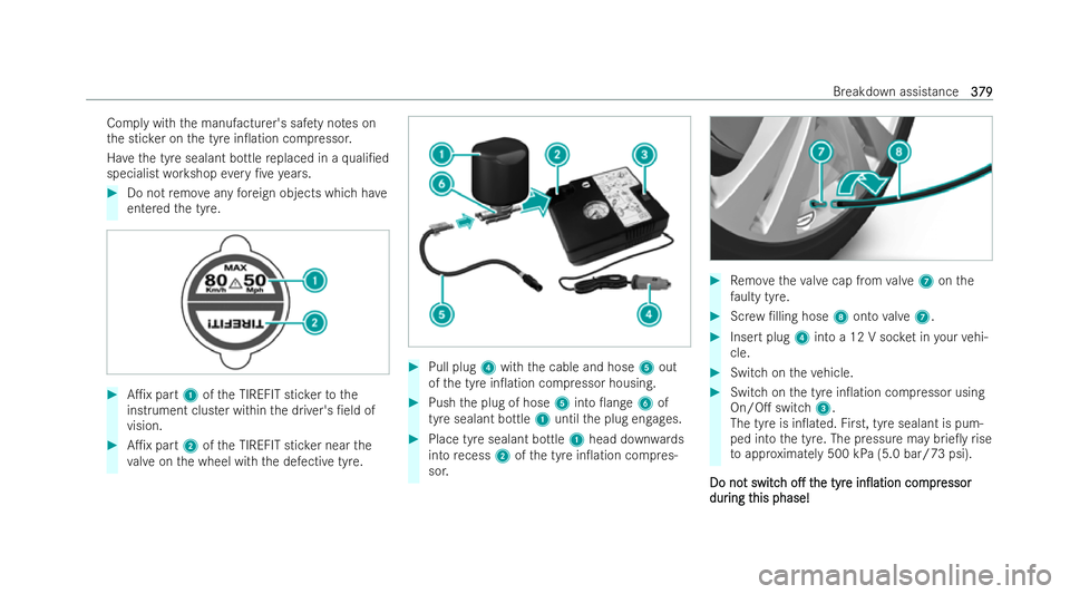 MERCEDES-BENZ E-CLASS SALOON 2021  Owners Manual Comply with
the manufacturer's saf ety no tes on
th e stic ker on the tyre in0ation compressor.
Ha ve the tyre sealant bottle replaced in a quali/ed
specialist workshop every /ve years. #
Do no