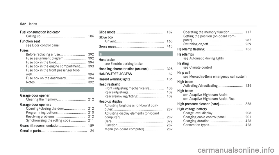MERCEDES-BENZ E-CLASS SALOON 2021  Owners Manual F
F
uel consump
uel consump tion indicat
tion indicat or
or
Calling up.............................................. 186
F
F unction seat
unction seat
see Door control panel
F
F uses
uses
Before repla