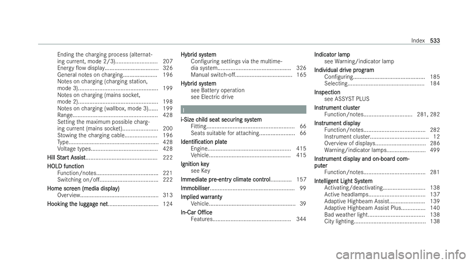 MERCEDES-BENZ E-CLASS SALOON 2021  Owners Manual Ending
thech arging process (alternat-
ing cur rent, mode 2/3).......................... 207
Energy 0ow displa y................................. 326
General no tes on chargin g.................... .