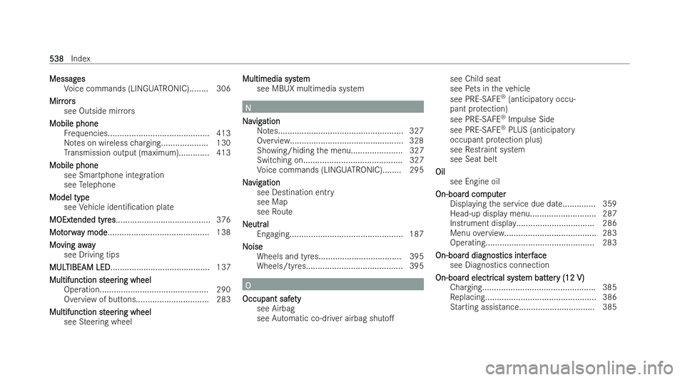 MERCEDES-BENZ E-CLASS SALOON 2021  Owners Manual Messag
Messag
es
es
Vo ice commands (LINGU ATRO NIC)........ 306
Mi rr
Mirr ors
ors
see Outside mir rors
Mobile phone
Mobile phone Frequencies........................................... 413
No tes on 