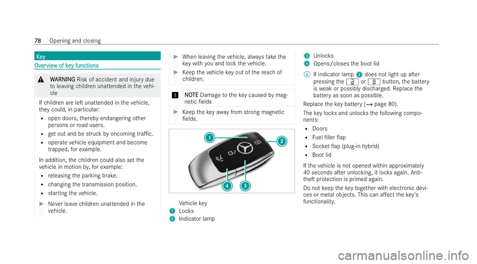 MERCEDES-BENZ E-CLASS SALOON 2021 Manual Online K
K
e
ey
y Ov
Ov
er
ervie
vie w of ke
w of key functions
y functions &
W
WARNING
ARNING Risk of accident and inju rydue
to leaving children unattended in theve hi-
cle
If ch ildren are leT unattended
