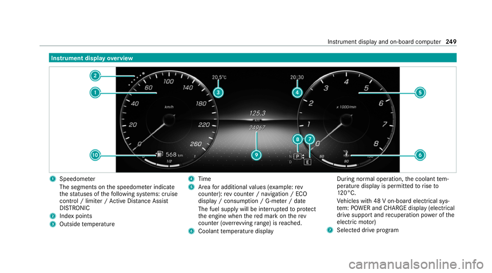 MERCEDES-BENZ E-CLASS SALOON 2020 Owners Manual Instrument display
overview 1
Speedome ter
The segments on the speedome ter indica te
th est atuses of thefo llowing sy stems: cruise
control / limiter / Active Dis tance Assi st
DISTRONIC
2 Index poi MERCEDES-BENZ E-CLASS SALOON 2020 Owners Manual Instrument display
overview 1
Speedome ter
The segments on the speedome ter indica te
th est atuses of thefo llowing sy stems: cruise
control / limiter / Active Dis tance Assi st
DISTRONIC
2 Index poi