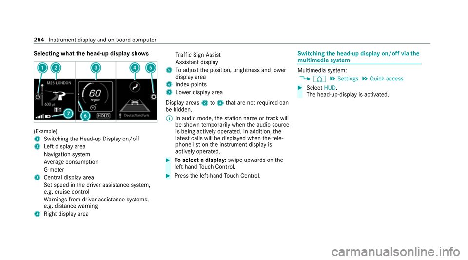 MERCEDES-BENZ E-CLASS SALOON 2020 Owners Manual Selecting what
the head-up display sho ws(Example)
1
Switching the Head-up Display on/off
2 Left display area
Navigation sy stem
Av erage consum ption
G-me ter
3 Central displ ayarea
Set speed in the MERCEDES-BENZ E-CLASS SALOON 2020 Owners Manual Selecting what
the head-up display sho ws(Example)
1
Switching the Head-up Display on/off
2 Left display area
Navigation sy stem
Av erage consum ption
G-me ter
3 Central displ ayarea
Set speed in the