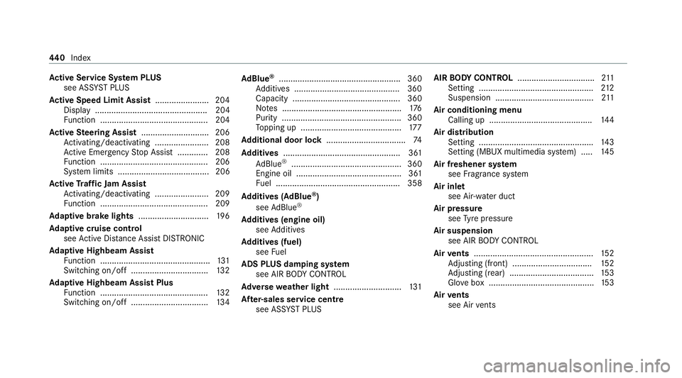 MERCEDES-BENZ E-CLASS SALOON 2020 Owners Manual Ac
tive Se rvice Sy stem PLUS
see AS SYST PLUS
Ac tive Speed Limit Assi st....................... 204
Display ................................................ 204
Fu nction ........................... MERCEDES-BENZ E-CLASS SALOON 2020 Owners Manual Ac
tive Se rvice Sy stem PLUS
see AS SYST PLUS
Ac tive Speed Limit Assi st....................... 204
Display ................................................ 204
Fu nction ...........................