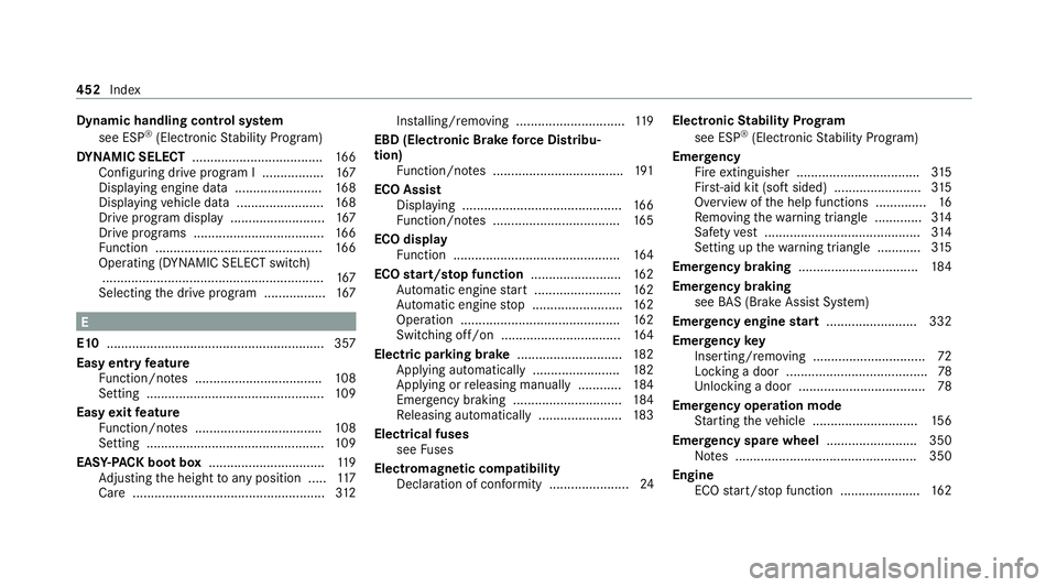 MERCEDES-BENZ E-CLASS SALOON 2020 Owners Manual Dynamic handling cont
rol sy stem
see ESP ®
(Elect ronic Stability Prog ram)
DY NA MIC SELECT .................................... 16 6
Con figuring drive program I ................. 167
Displ aying MERCEDES-BENZ E-CLASS SALOON 2020 Owners Manual Dynamic handling cont
rol sy stem
see ESP ®
(Elect ronic Stability Prog ram)
DY NA MIC SELECT .................................... 16 6
Con figuring drive program I ................. 167
Displ aying