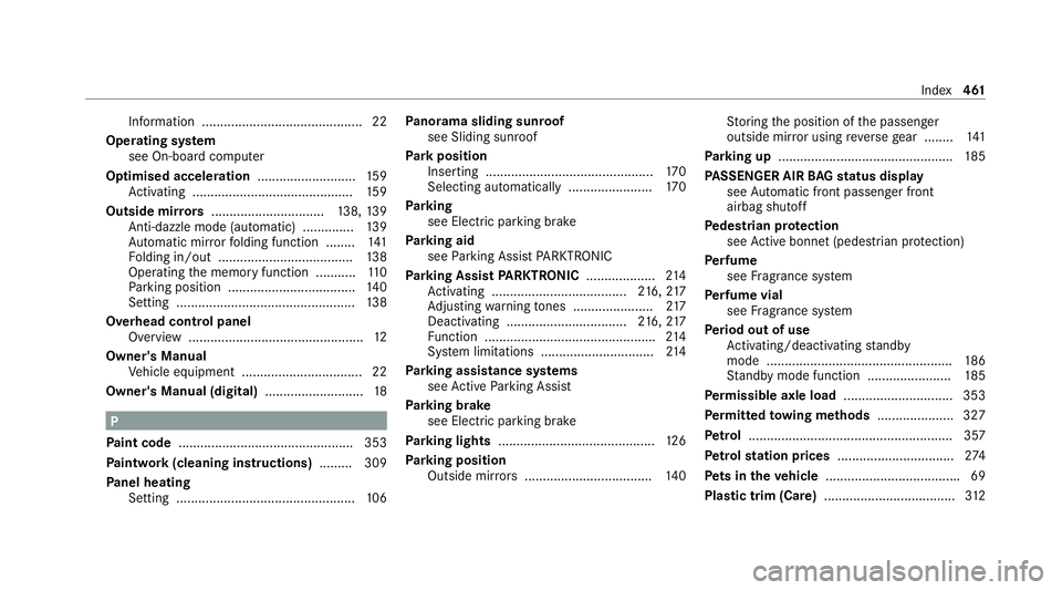 MERCEDES-BENZ E-CLASS SALOON 2020 Owners Manual Information ............................................ 22
Operating sy stem
see On-board computer
Optimised acceleration ...........................159
Ac tivating .................................. MERCEDES-BENZ E-CLASS SALOON 2020 Owners Manual Information ............................................ 22
Operating sy stem
see On-board computer
Optimised acceleration ...........................159
Ac tivating ..................................