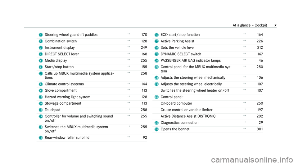 MERCEDES-BENZ E-CLASS SALOON 2020  Owners Manual 1
Steering wheel gearshift paddles →
17 0
2 Combination swit ch →
12 8
3 Instrument display →
24 9
4 DIRECT SELECT le ver →
16 8
5 Media display →
255
6 Start/ stop button →
15 5
7 Calls u