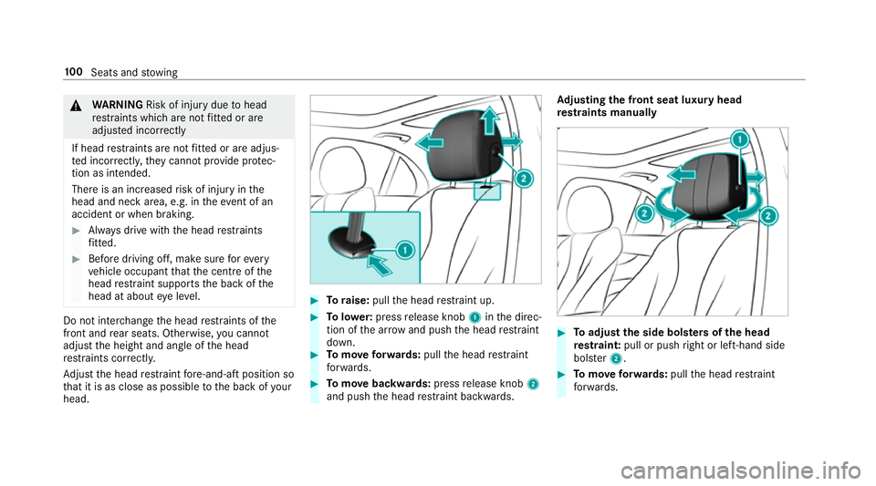 MERCEDES-BENZ E-CLASS SALOON 2017 Owners Manual &
WARNING Risk of inju rydue tohead
re stra ints which are not fitted or are
adjus ted incor rectly
If head restra ints are not fitted or are adjus‐
te d incor rectl y,they cannot pr ovide pr otec MERCEDES-BENZ E-CLASS SALOON 2017 Owners Manual &
WARNING Risk of inju rydue tohead
re stra ints which are not fitted or are
adjus ted incor rectly
If head restra ints are not fitted or are adjus‐
te d incor rectl y,they cannot pr ovide pr otec