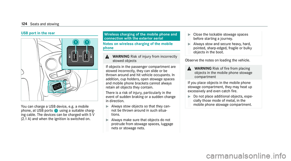 MERCEDES-BENZ E-CLASS SALOON 2017 Owners Manual USB port in
there ar Yo
u can charge a USB device, e.g. a mobile
phone, at USB ports 1using a suitable charg‐
ing cable. The devices can be charge d with 5 V
(2.1 A) and when the ignition is switche MERCEDES-BENZ E-CLASS SALOON 2017 Owners Manual USB port in
there ar Yo
u can charge a USB device, e.g. a mobile
phone, at USB ports 1using a suitable charg‐
ing cable. The devices can be charge d with 5 V
(2.1 A) and when the ignition is switche