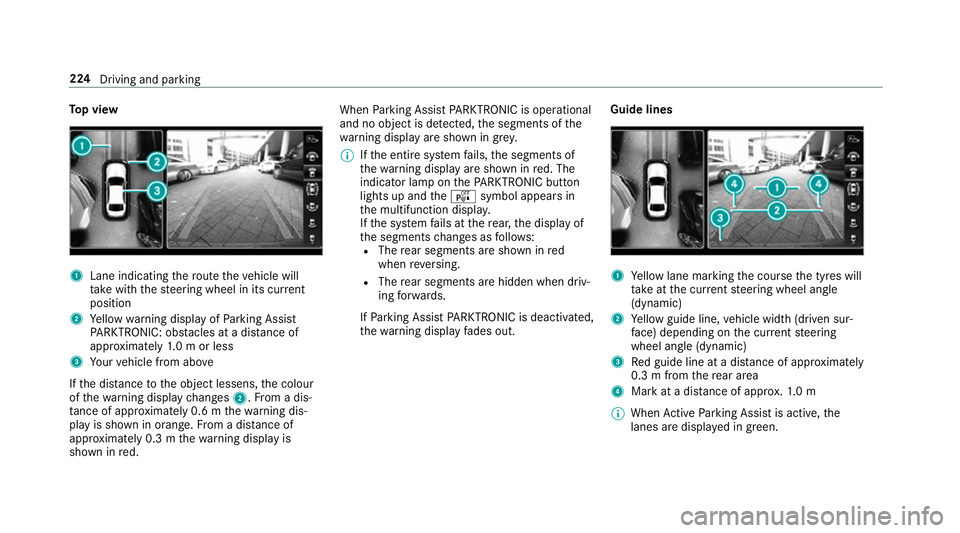 MERCEDES-BENZ E-CLASS SALOON 2017 Owners Manual To
p view 1
Lane indicating thero ute theve hicle will
ta ke with thesteering wheel in its cur rent
position
2 Yellow warning display of Parking Assist
PA RKTRONIC: obstacles at a dis tance of
appr ox MERCEDES-BENZ E-CLASS SALOON 2017 Owners Manual To
p view 1
Lane indicating thero ute theve hicle will
ta ke with thesteering wheel in its cur rent
position
2 Yellow warning display of Parking Assist
PA RKTRONIC: obstacles at a dis tance of
appr ox