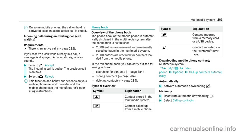 MERCEDES-BENZ E-CLASS SALOON 2017 Owners Manual %
On some mobile phones, the call on hold is
activated as soon as the active call is ended.
Incoming call during an existing call (call
wa iting)
Re quirements:
R There is an active call (→ page 282 MERCEDES-BENZ E-CLASS SALOON 2017 Owners Manual %
On some mobile phones, the call on hold is
activated as soon as the active call is ended.
Incoming call during an existing call (call
wa iting)
Re quirements:
R There is an active call (→ page 282
