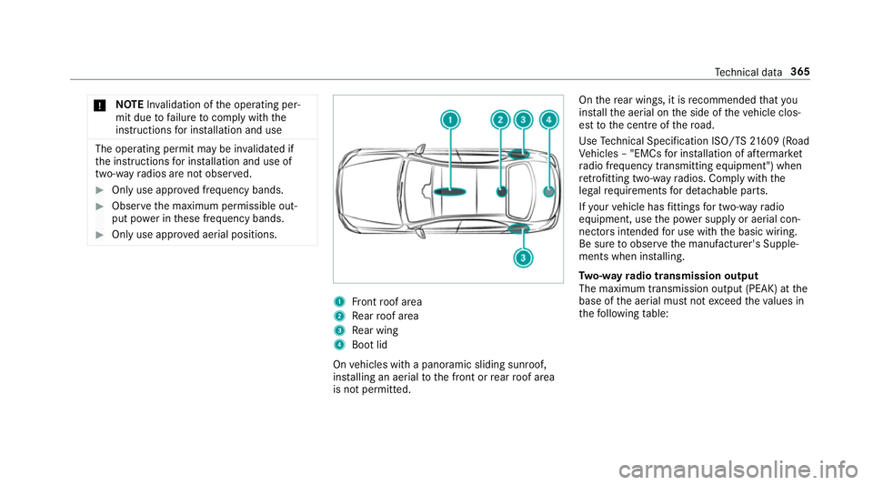 MERCEDES-BENZ E-CLASS SALOON 2017 Owners Manual *
NO
TEInva lidation of the operating per‐
mit due tofailure tocomply wi th the
instructions for ins tallation and use The operating permit may be in
validated if
th e instructions for ins tallation MERCEDES-BENZ E-CLASS SALOON 2017 Owners Manual *
NO
TEInva lidation of the operating per‐
mit due tofailure tocomply wi th the
instructions for ins tallation and use The operating permit may be in
validated if
th e instructions for ins tallation